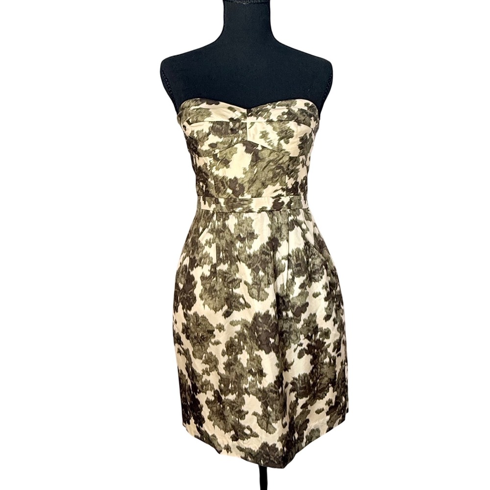 J.Crew Silk Strapless Dress 2 Green Abstract Ikat Floral Sweetheart Pockets